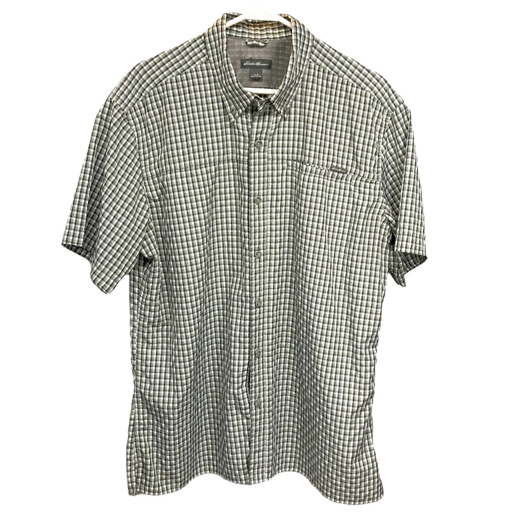Eddie Bauer short sleeve camp shirt L Grey Plaid untucked style